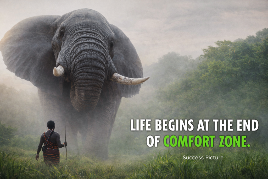 "Life begins at the end of comfort zone image showing a man facing a giant elephant symbolizing fear and personal growth"