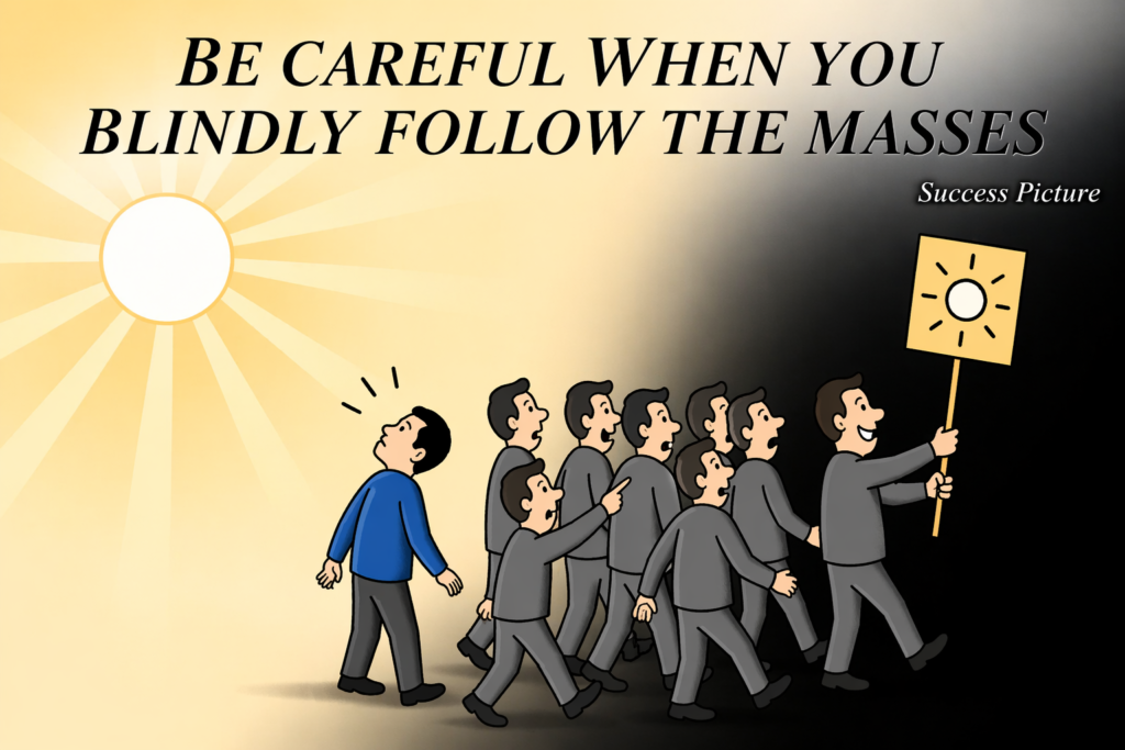 Illustration of a person choosing a different path from a group, representing independent thinking and avoiding herd mentality