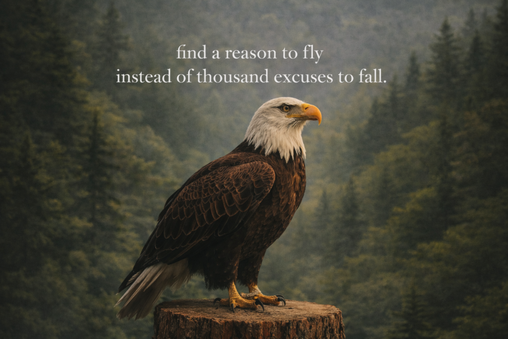 Powerful bald eagle on tree stump in forest representing success mindset, courage, and rising above excuses