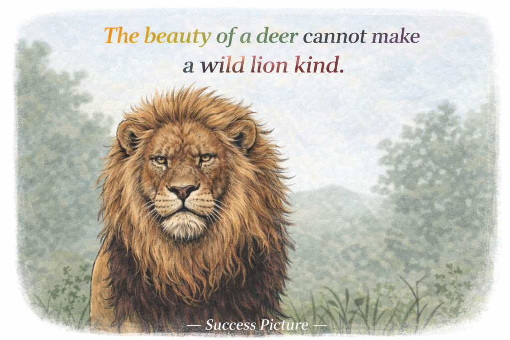 Cartoon lion with quote about beauty not changing dangerous nature, symbolizing red flags, toxic patterns, and emotional wisdom