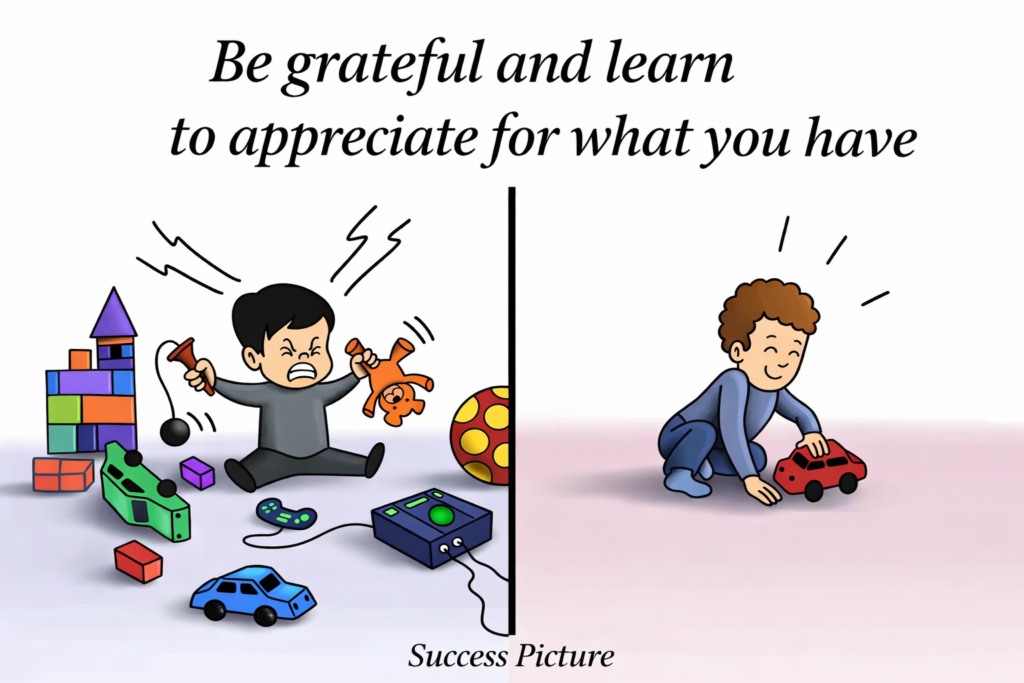 Comparison of two children showing gratitude vs frustration, highlighting the importance of appreciating what you have for happiness