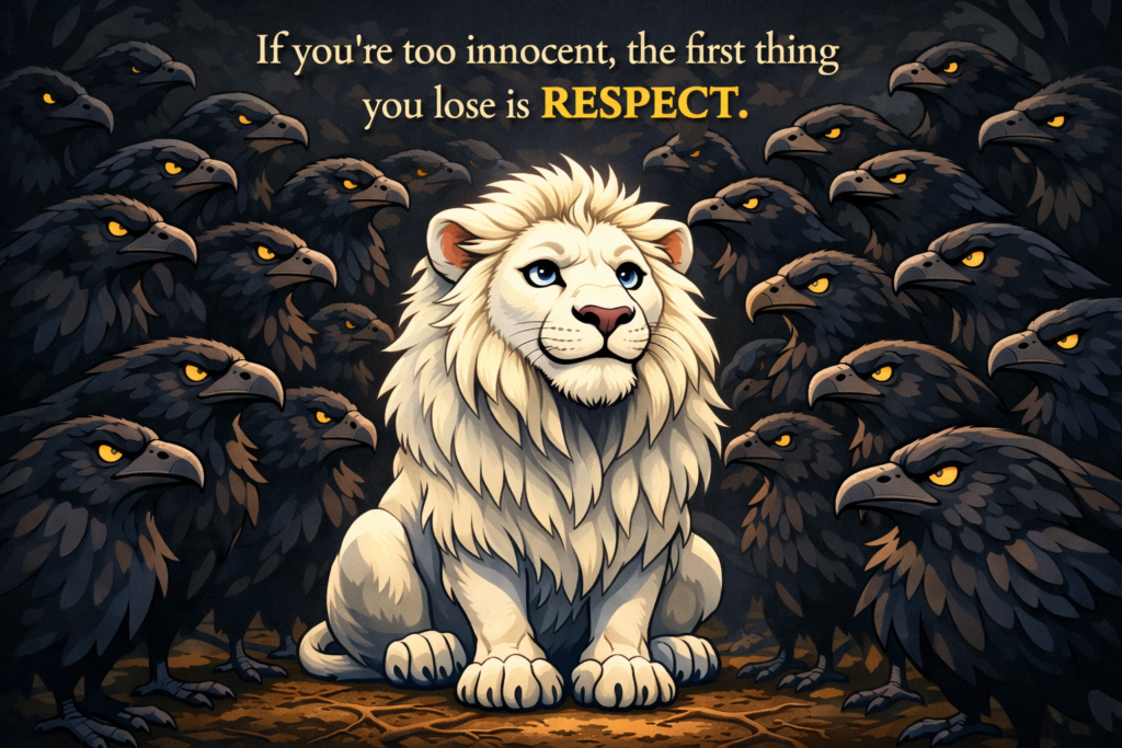 Cartoon white lion surrounded by dark birds representing self-respect, kindness, boundaries, and mental strength