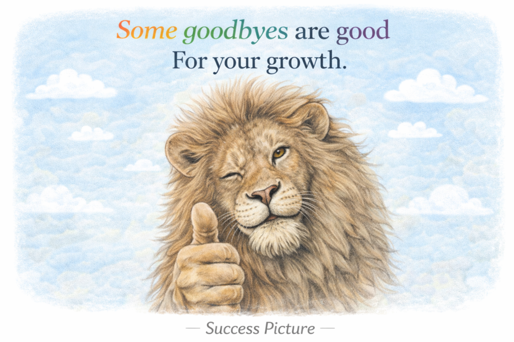 Cartoon lion with thumbs up and quote about goodbyes helping growth, symbolizing healing, moving on, and self-respect
