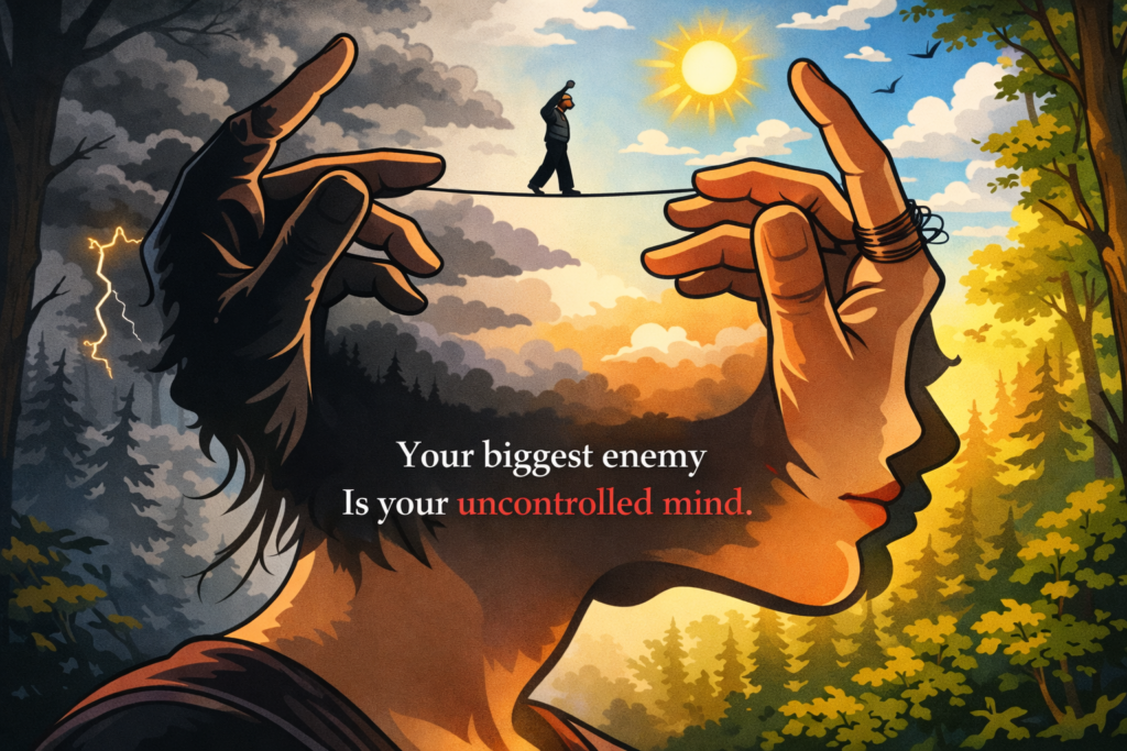 Cartoon surreal image of a person balancing on rope over a mind silhouette symbolizing self-control, overthinking, and mental strength