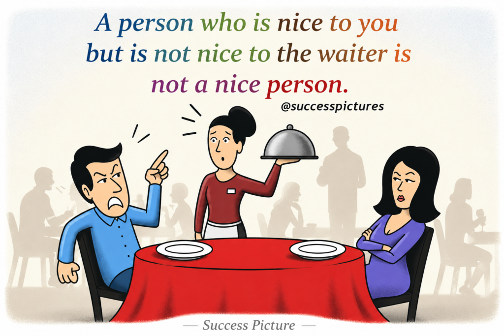 Restaurant scene showing rude behavior toward a waiter, symbolizing respect, emotional intelligence, kindness, and true character.