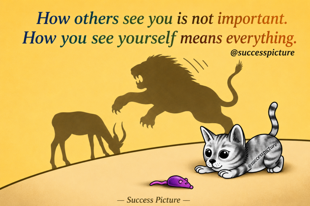 Illustration of a cat seeing itself as a powerful lion, symbolizing self-confidence, self-image, mindset growth, and personal empowerment.