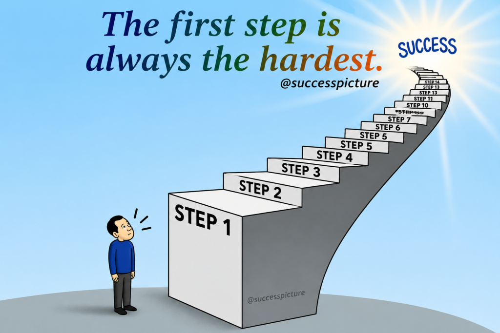 Motivational illustration showing a person facing the first step toward success, symbolizing courage, growth, persistence, and overcoming fear.