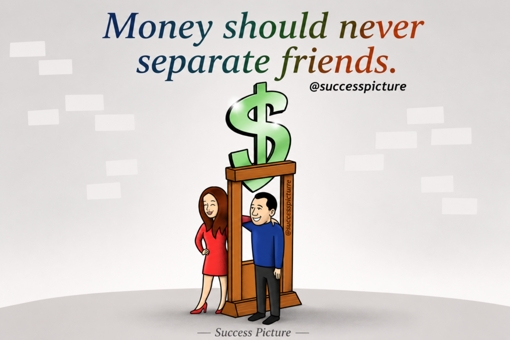 Illustration of two friends separated by a money symbol, representing financial conflict, friendship struggles, trust, and emotional life lessons.