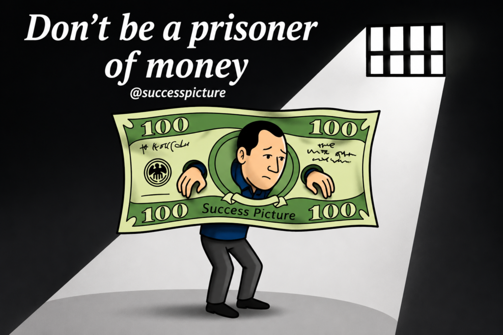 Illustration of a person trapped inside money, symbolizing financial pressure, money obsession, emotional stress, and the importance of financial balance.