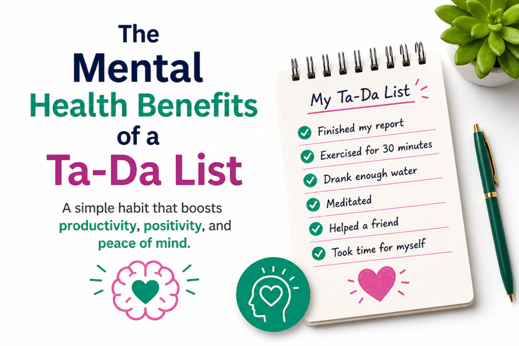 Ta-Da List mental health benefits illustration showing completed tasks checklist boosting productivity, motivation, and positive mindset