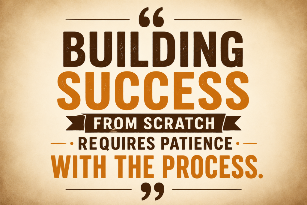 Inspirational illustration showing a person climbing steps toward success built from hard work, persistence, and personal growth.