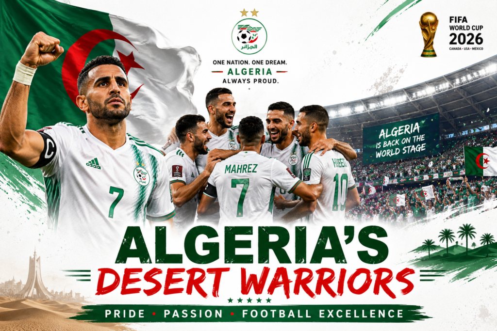 Algeria National Football Team players celebrating together with the Algerian flag, representing pride, passion, resilience, and football excellence on the international stage.