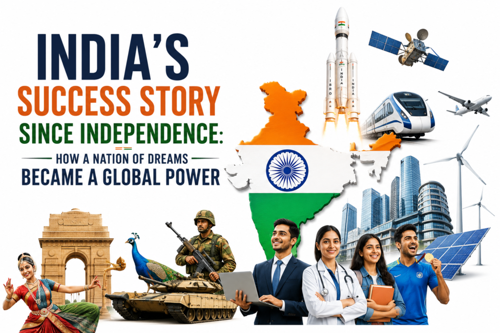 Modern India showcasing achievements in defense, space technology, startups, education, sports, diplomacy, and sustainable development.