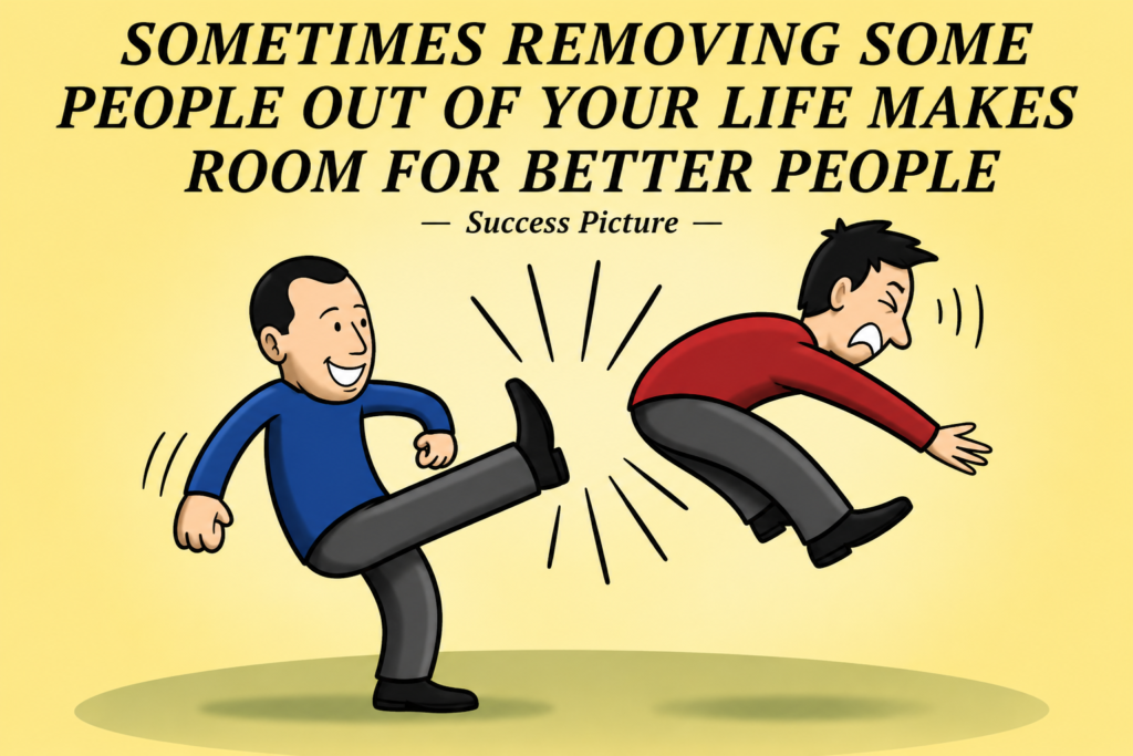Illustration of one person removing another from their life, symbolizing letting go of toxic relationships, setting boundaries, self-respect, emotional healing, and personal growth.