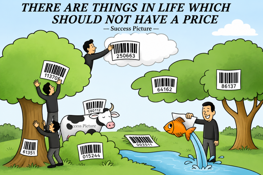 Illustration showing trees, water, animals, and natural elements with price tags, symbolizing that nature and life's most important gifts should never be measured by money.