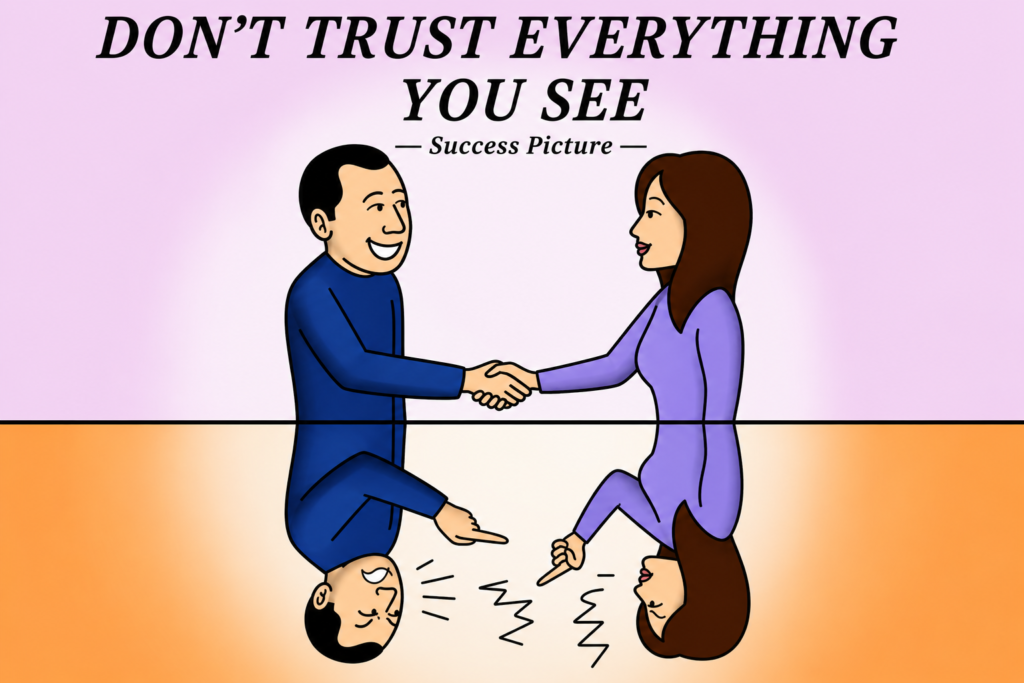 Illustration of two people shaking hands while their reflections point accusingly at each other, symbolizing hidden intentions, deceptive appearances, trust, first impressions, and the complexity of human nature.