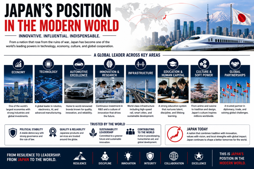 Modern Japan featuring Tokyo skyline, bullet trains, advanced technology, manufacturing excellence, and economic growth symbolizing Japan's success story and global influence.