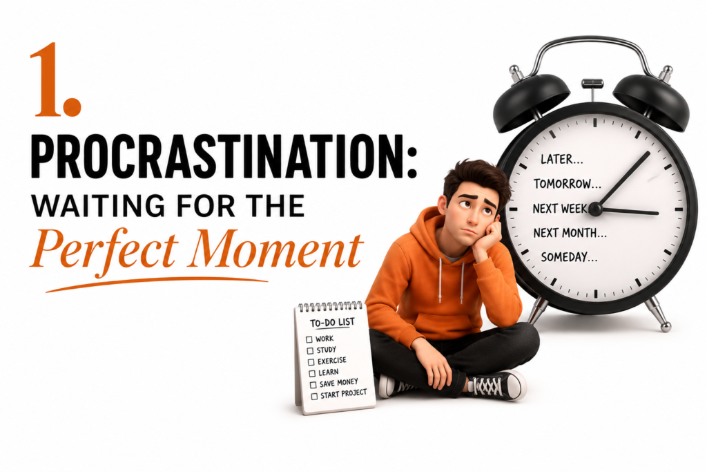 Illustration showing common habits that lead to mediocrity, including procrastination, fear of failure, poor networking, and seeking approval.