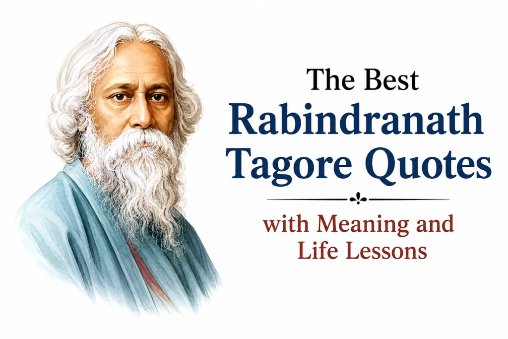An elegant portrait-inspired illustration of Rabindranath Tagore with an open book, soft light, and a peaceful background symbolizing wisdom, inspiration, and timeless life lessons.