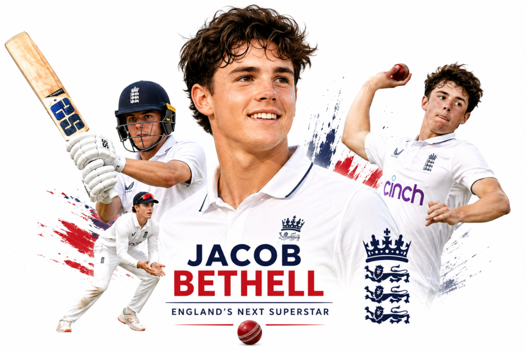 Young English cricketer Jacob Bethell playing an elegant cricket shot in a modern stadium, symbolizing determination, leadership, perseverance, and the future of England cricket.