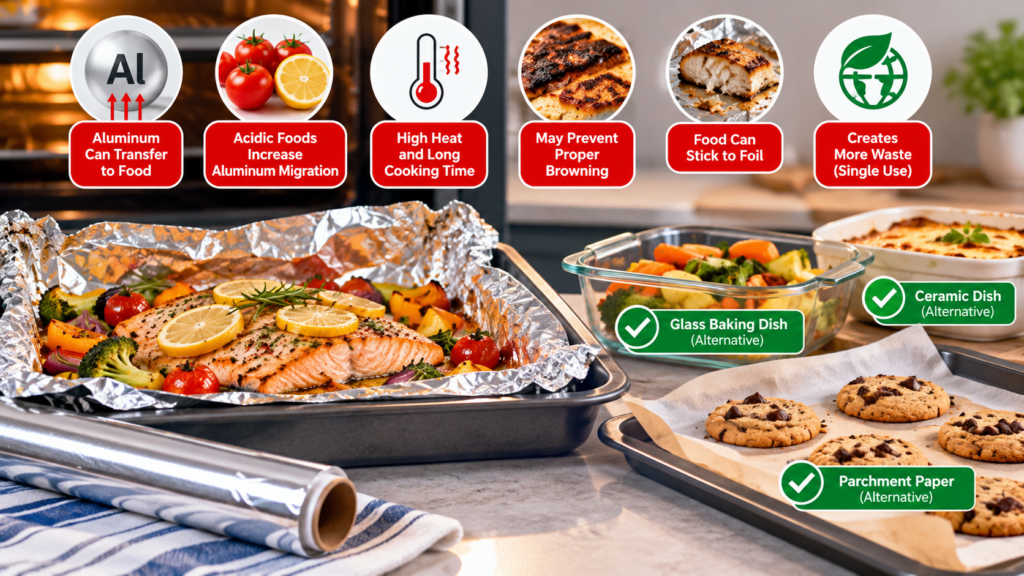 Aluminum foil for baking compared with glass baking dishes, ceramic cookware, and parchment paper alternatives.