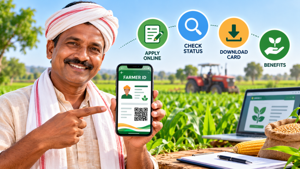 Indian farmer using a smartphone to access a digital Farmer ID in an agricultural field.