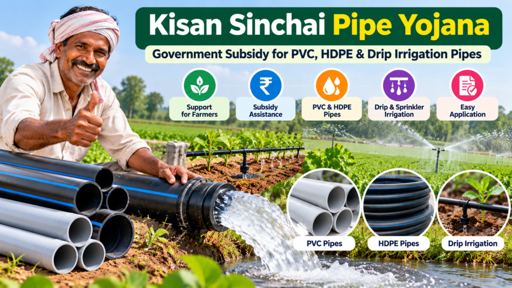 Indian farmer using PVC and HDPE irrigation pipes to transport water to agricultural fields.
