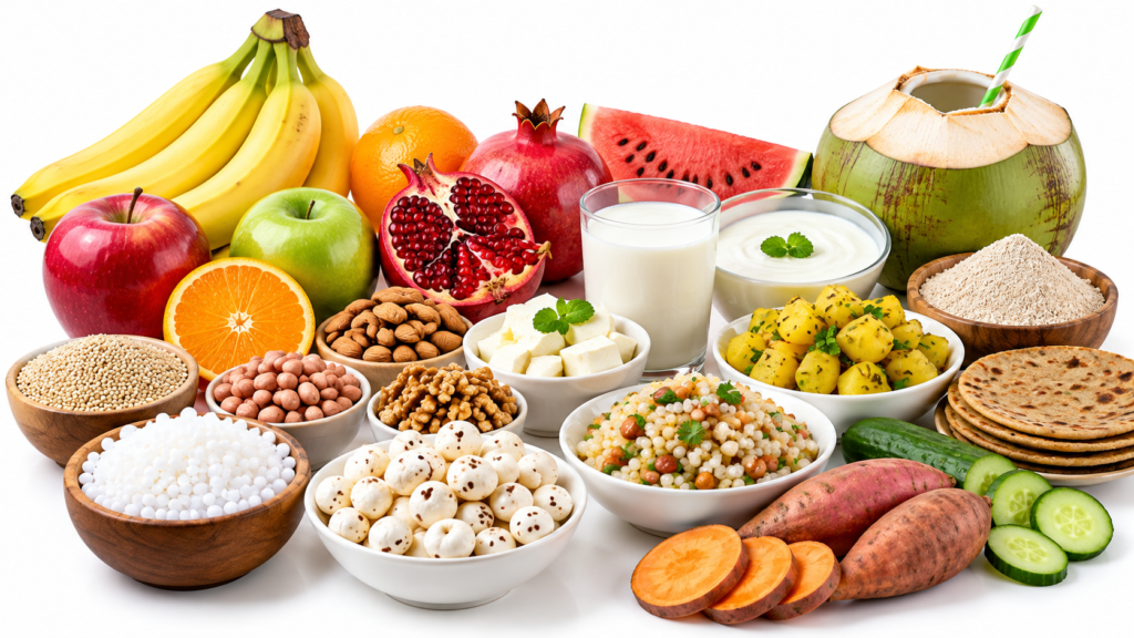 25 foods to eat during a fast, including fruits, nuts, makhana, sabudana, curd, potatoes and other fasting-friendly foods.