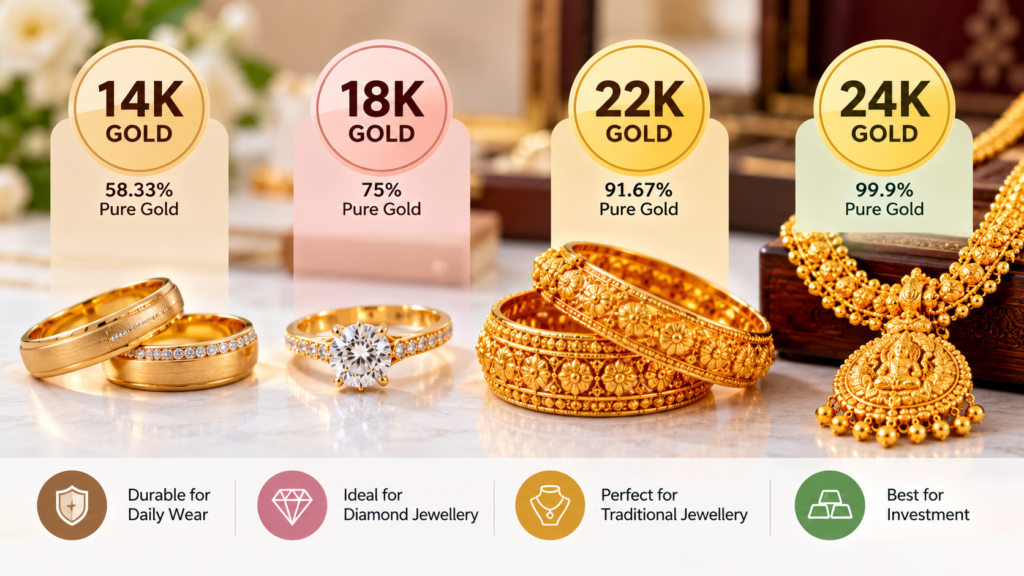 14K vs 18K vs 22K vs 24K gold jewellery comparison showing different gold purity options.
