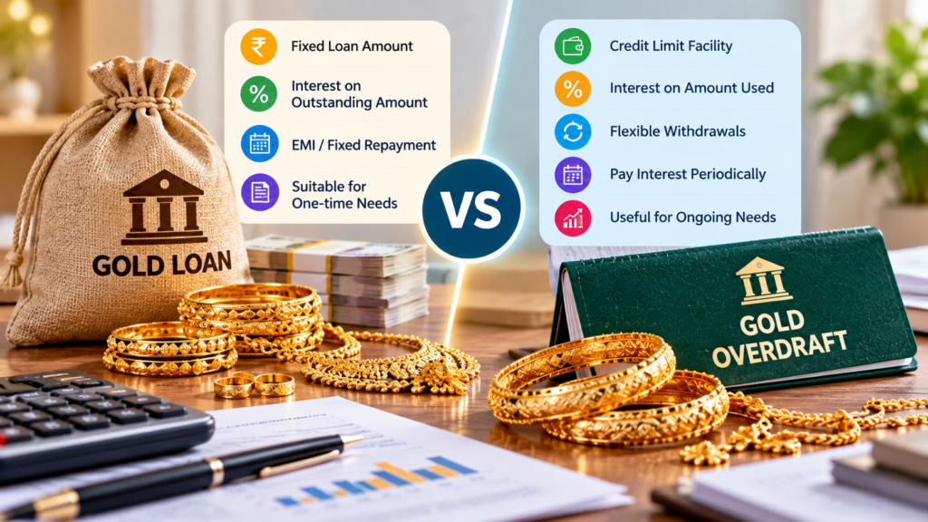 Gold loan vs gold overdraft comparison showing interest, repayment and borrowing flexibility.