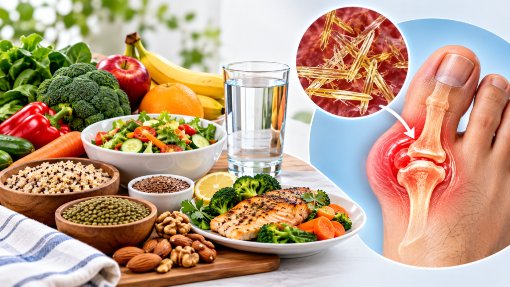 High uric acid symptoms and diet showing healthy foods, water, and gout inflammation in the big toe joint.
