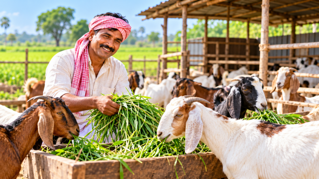 Indian farmer raising goats for a Bakri Palan business in India.