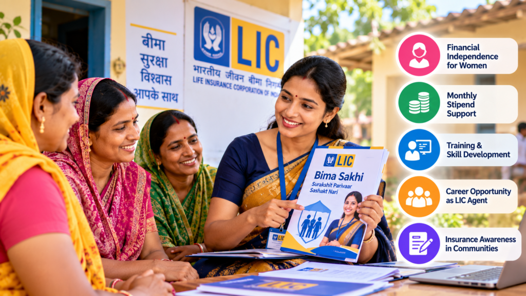 Indian women learning about LIC Bima Sakhi Yojana, insurance training, monthly stipend, and career opportunities.