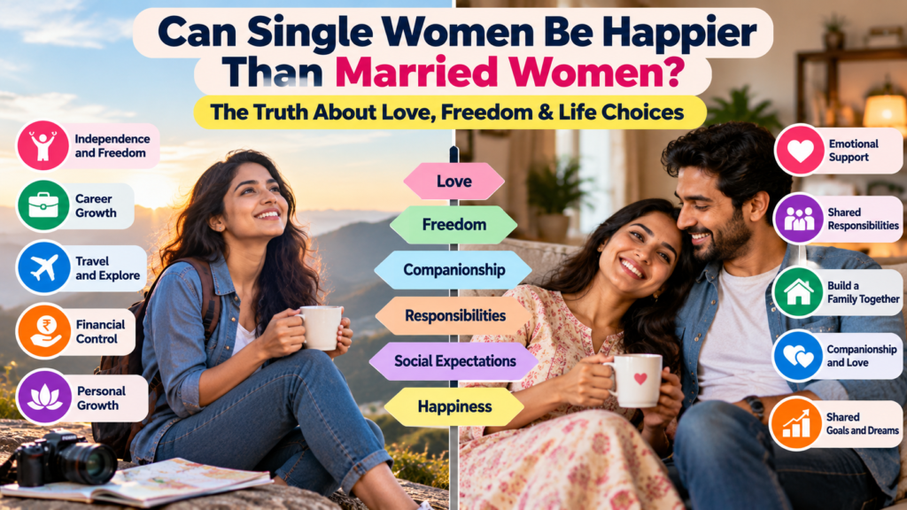 Illustration comparing a single woman enjoying independence with a married woman sharing a happy moment with her partner.