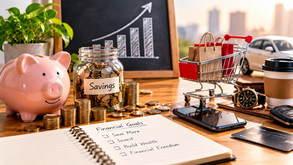 Piggy bank, coins, calculator, and budget notebook representing money management and wealth building
